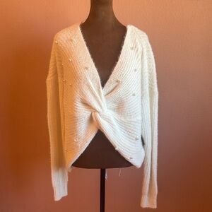 No Boundaries Cream V-Neck Sweater with Knotted Front